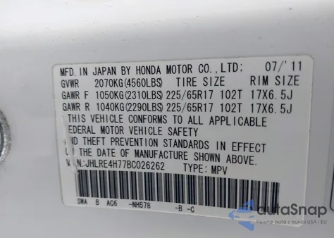 2011 Honda Cr-V Ex-L from USA, damaged, VIN JHLRE4H77BC026262